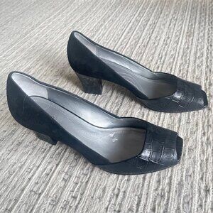 Tahari open toed pumps, suede & leather, size 6 1/2 M.